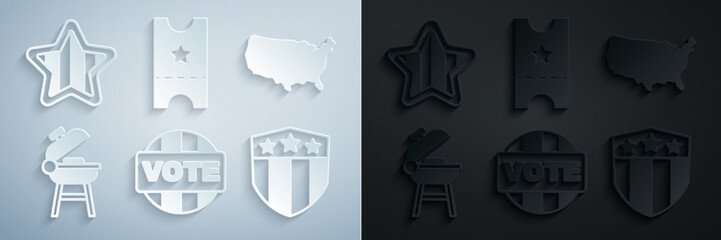 Sticker - Set Vote, USA map, Barbecue grill, Shield with stars, Baseball ticket and Independence day icon. Vector