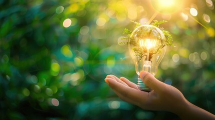 Developer hand holding light bulb of growth tree on blurred green nature background