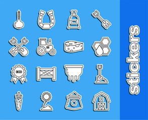 Sticker - Set line Farm House concept, Shovel in the ground, Honeycomb, Bag of flour, Tractor, and rake, Onion and Cheese icon. Vector