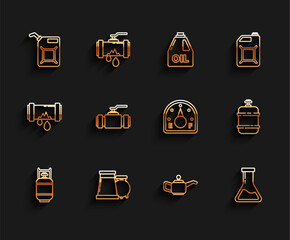 Canvas Print - Set line Propane gas tank, Oil and industrial factory building, Canister for gasoline, motor machine oil, Test tube flask, Industry metallic pipes valve, and Motor gauge icon. Vector