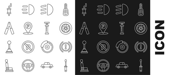 Poster - Set line Screwdriver, Brake system warning, Car wheel, High beam, Location with parking, battery jumper power cable, muffler and icon. Vector