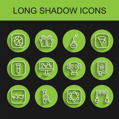 Poster - Set line Broken flask, Test tube and, Salt stone, Formula of benzene rings, Chemical formula, Certificate template and Gas mask icon. Vector