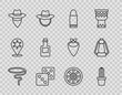 Set line Lasso, Cactus peyote in pot, Bullet, Game dice, Cowboy, Tequila bottle, Old wooden wheel and Camping lantern icon. Vector