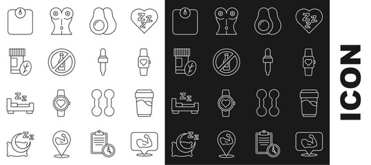 Poster - Set line Bodybuilder muscle, Glass with water, Smart watch, Avocado fruit, No alcohol, Vitamin pill, Bathroom scales and Pipette oil icon. Vector