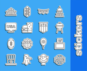 Sticker - Set line Vote, box, Barbecue grill, Carnival garland with flags, Burger, USA Independence day, White House and American icon. Vector