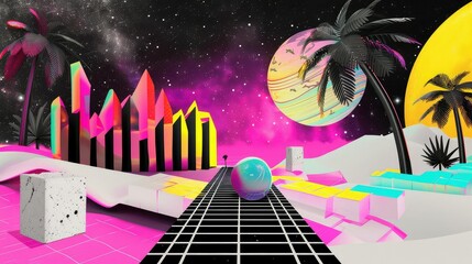 Wall Mural - Retro future. 80s style sci-fi background with beach background. Suitable for any print design in 80s style