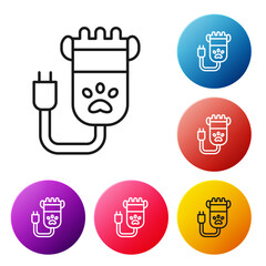 Poster - Black line Hair clipper accessories for pet grooming icon isolated on white background. Set icons colorful circle buttons. Vector