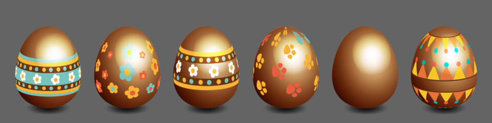 Easter celebration concept in cartoon style. Chocolate Easter eggs with ornament on an isolated background. Easter spring set for festive decoration.