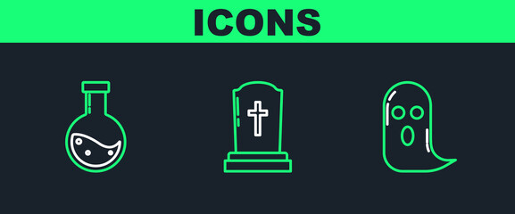 Wall Mural - Set line Ghost, Bottle with potion and Tombstone cross icon. Vector