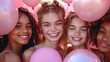 Portrait of smiling young gen z girls surrounded with pink balloons, women's day conceptual celebration picture, march 8