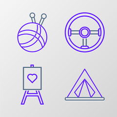 Sticker - Set line Tourist tent, Wood easel or painting art boards, Steering wheel and Yarn ball with knitting needles icon. Vector