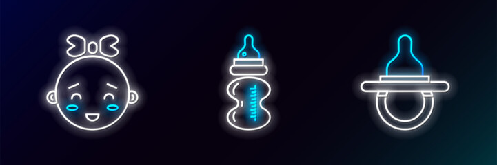 Sticker - Set line Baby dummy pacifier, Happy little girl head and bottle icon. Glowing neon. Vector