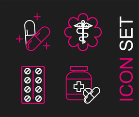 Sticker - Set line Medicine bottle and pills, Pills blister pack, Emergency star medical symbol Caduceus snake with stick and or tablet icon. Vector