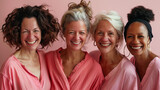 portrait of smiling 60 years old women dressed in pink outfits, celebrating women's day march 8th, togetherness, women's rights