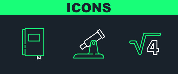 Sticker - Set line Square root of 4 glyph, Book and Telescope icon. Vector