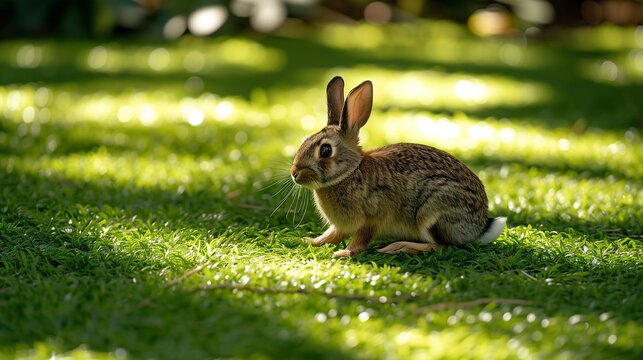 Rabbit playing in the grassy garden