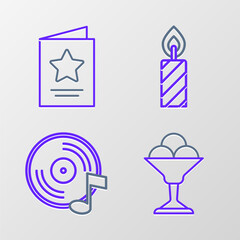 Poster - Set line Ice cream in bowl, Vinyl disk, Birthday cake candles and Greeting card icon. Vector