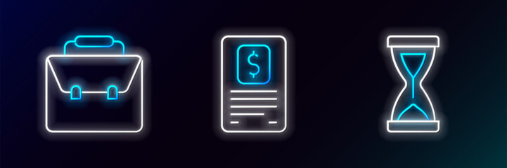 Wall Mural - Set line Old hourglass, Briefcase and Business finance report icon. Glowing neon. Vector