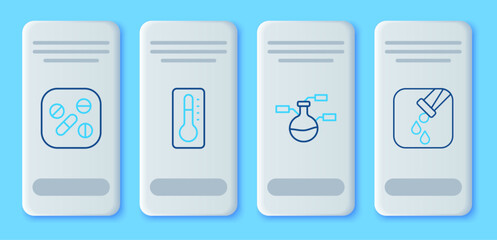 Wall Mural - Set line Medical thermometer, Test tube and flask, Medicine pill or tablet and icon. Vector