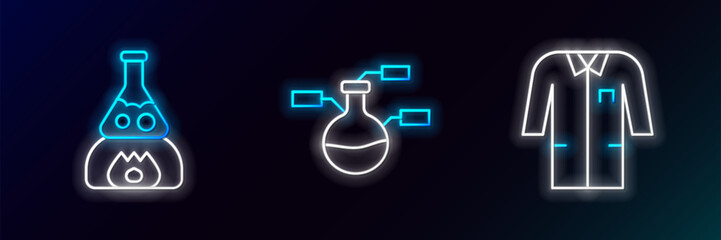 Wall Mural - Set line Laboratory uniform, Test tube flask on fire and and icon. Glowing neon. Vector