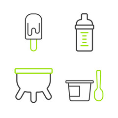 Poster - Set line Yogurt container with spoon, Udder, Baby milk bottle and Ice cream icon. Vector