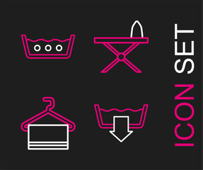 Canvas Print - Set line Washing modes, Towel on hanger, Iron and ironing board and Temperature wash icon. Vector