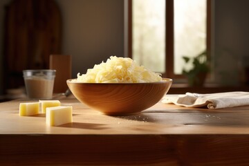 Wall Mural - Freshly grated parmesan cheese in a bowl for pasta and spaghetti. Generative Ai.