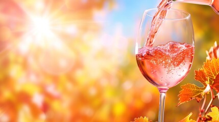 a glass of wine being poured into a wine glass with leaves in the foreground and a bright blue sky in the background.