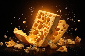 Wall Mural - Delicious pieces of luxury cheese with holes, flowing on dark  background. Generative Ai.