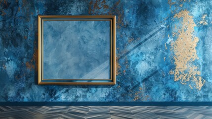 A rectangular large empty painting in a gold frame hanging on a blue wall.