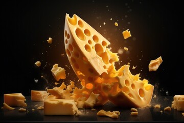 Wall Mural - Delicious pieces of luxury cheese with holes, flowing on dark  background. Generative Ai.