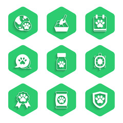 Sticker - Set Medicine bottle and pills, Bag of food for pet, Animal health insurance, Turtle, Pet award symbol, Paw print, Calendar grooming and World icon. Vector