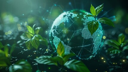 Sticker - A digital globe sprouting green leaves, symbolizing global sustainability efforts powered by blockchain technology.