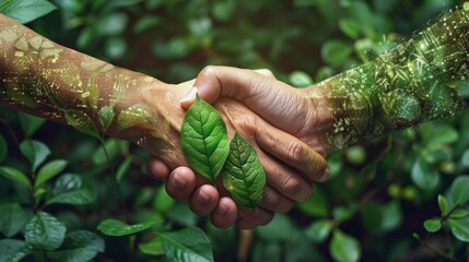 A digital handshake between two green, leafy hands, symbolizing eco friendly partnerships.