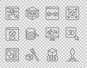 Sticker - Set line 3D printer software, model, perfect copy, Isometric cube, setting, Filament for, services and icon. Vector