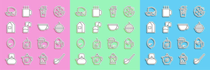 Wall Mural - Set line Spoon with sugar, Cup of tea lemon, Ball strainer, leaf, Tea bag, Paper package for milk, Lemon and icon. Vector