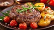 a close up of a plate of food with steak, potatoes, tomatoes, and tomatoes on a wooden table.