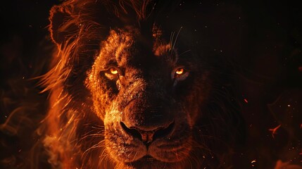 Wall Mural - intense lion portrait with fiery eyes, detailed closeup of majestic wildlife animal isolated on dark background