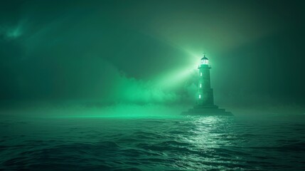 Wall Mural - A lighthouse casting a green beam across a digital ocean, guiding ships to sustainability.