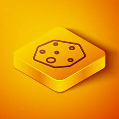 Wall Mural - Isometric line Asteroid icon isolated on orange background. Yellow square button. Vector