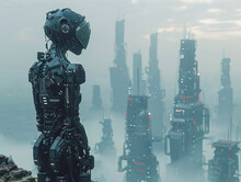 A Figure With Cybernetic Enhancements Gazes Over A Dystopian Landscape