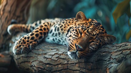 Wall Mural - wild leopard resting on tree branch in natural habitat, majestic predator of the jungle