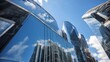 A blurred, upward perspective of a sleek, modern office tower, reflecting the blue sky and encapsulating economic and financial dynamism Generative AI