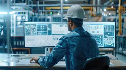 Fototapete - Engineer Working with CAD Software With Computer, Technical Drafts and Drawings On Screen Desktop. Generative AI.