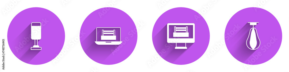 Set Punching bag, Boxing ring, and icon with long shadow. Vector