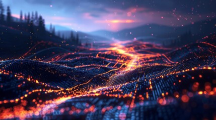 Wall Mural - Blockchain Data Flow: Data streaming through a blockchain, visualized as a river flowing through a futuristic landscape.