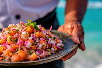 Coastal Culinary Extravaganza: Chef Showcases the Timeless Flavors of Ceviche Amidst the Lively Ambiance of Playa del Carmen's Beach.