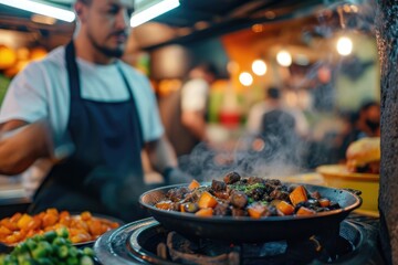 Sticker - Taste of Brazil: Culinary Maestro Showcases Feijoada, the Heartwarming Brazilian Staple, Amidst the Lively Bustle of Rio's Colorful Favelas.