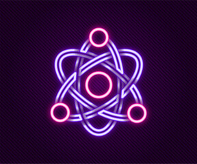 Sticker - Glowing neon line Atom icon isolated on black background. Symbol of science, education, nuclear physics, scientific research. Colorful outline concept. Vector