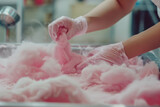 Close up of someone making cotton candy andy floss sweet